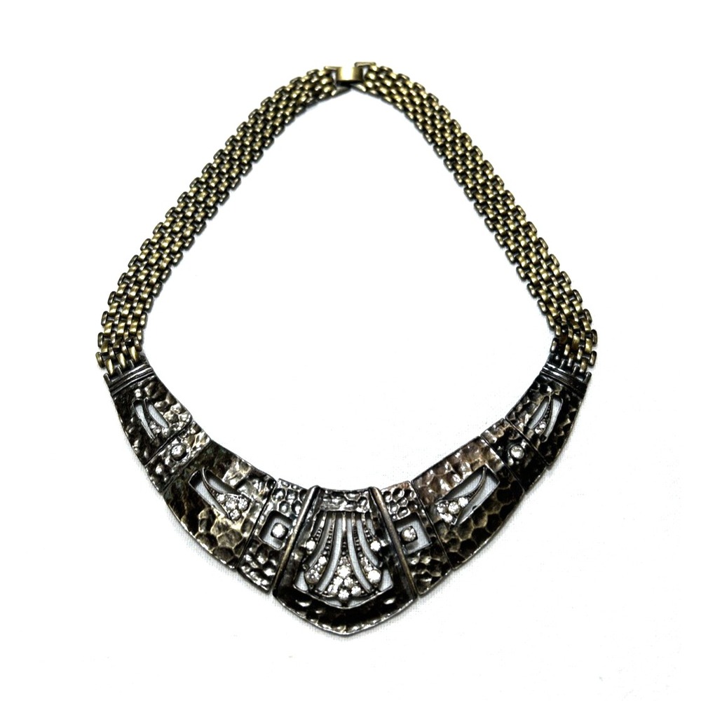 Vtg Hammered Metal Bib Collar Necklace Rhinestones Deco Style Marked V